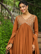 Janasya Brown Georgette Yoke Embroidery Kurta,Bottom & Dupatta