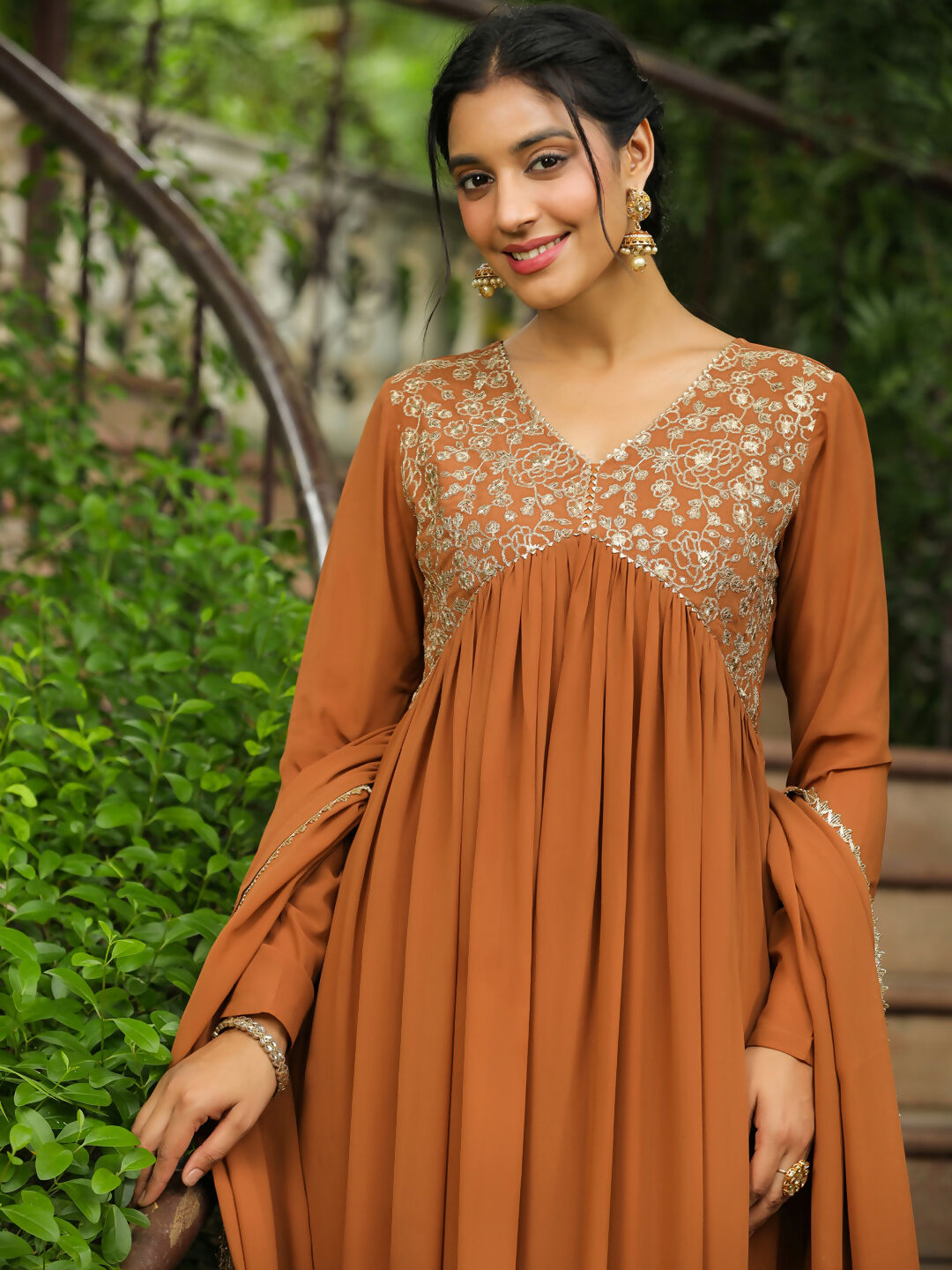 Janasya Brown Georgette Yoke Embroidery Kurta,Bottom & Dupatta