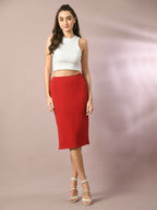 Myshka Women's Red Solid Knee Length Party Embellished Skirts