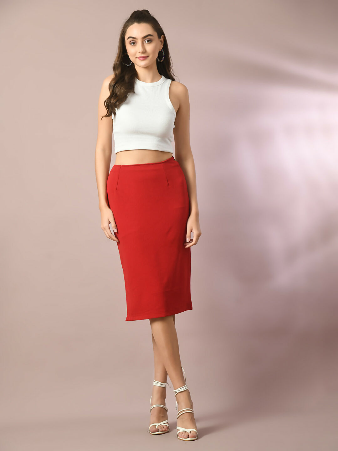Myshka Women's Red Solid Knee Length Party Embellished Skirts