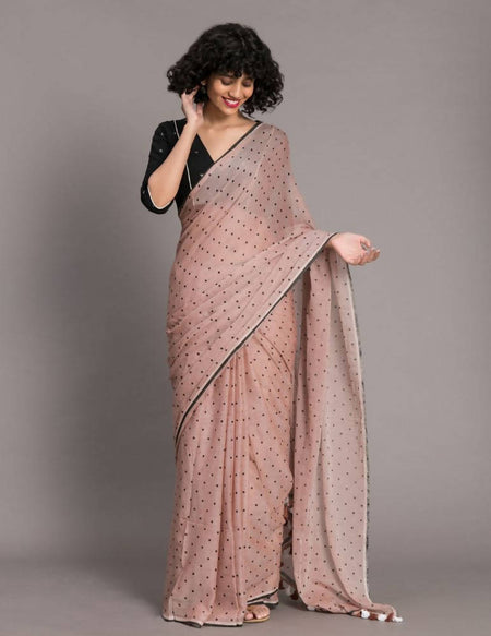 Suta Brown Black Polka Dots Printed Pure Cotton Saree