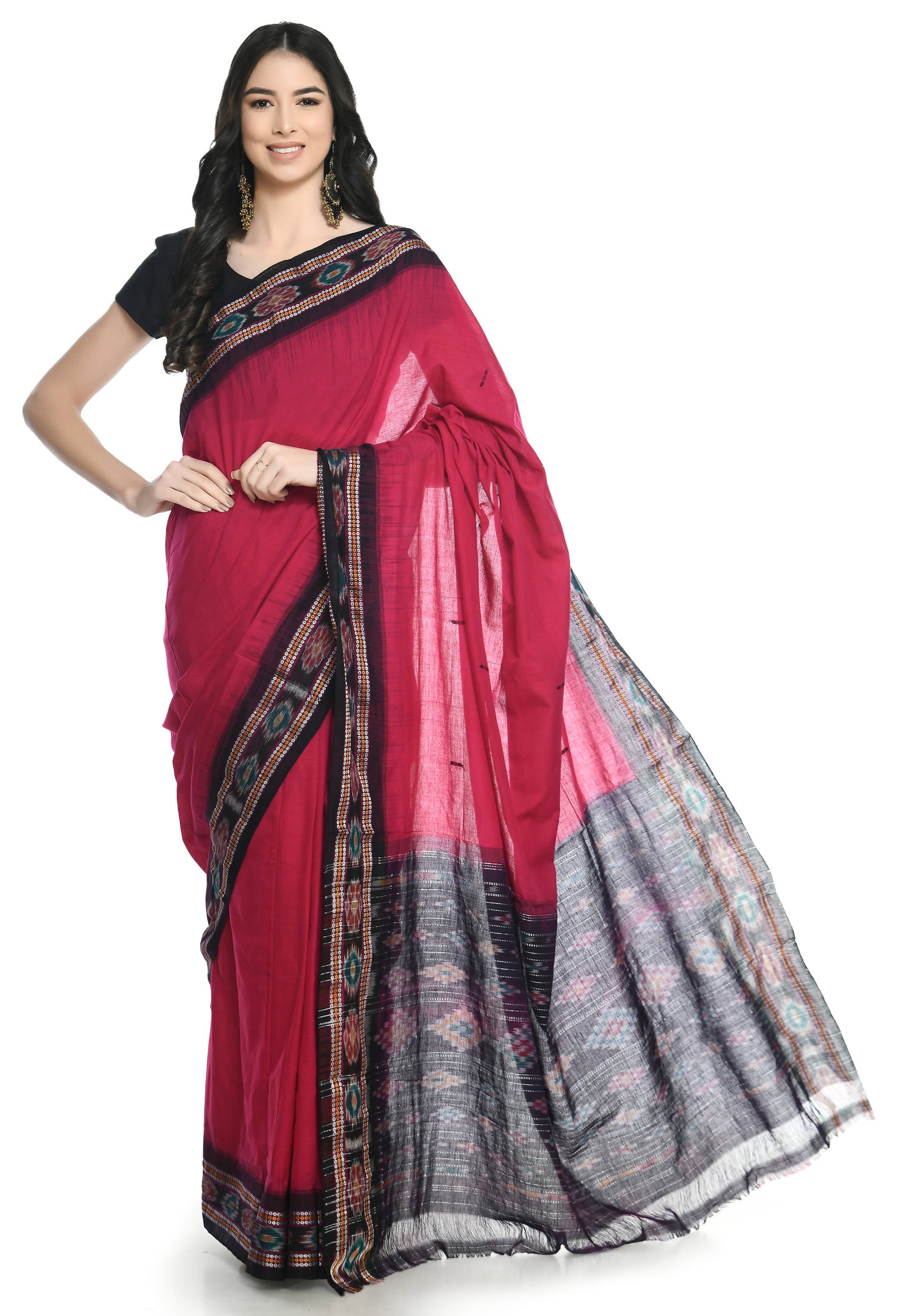Vamika Sambalpuri Ikat Cotton Rekhabala Buti Magenta & Black Saree