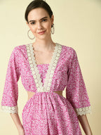Myshka Women's Pink Floral Printed Fit and Flare Dress - Distacart