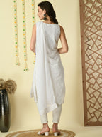 Myshka Women's White Georgette Sleeveless Straight Party Kurta With Dupatta Set