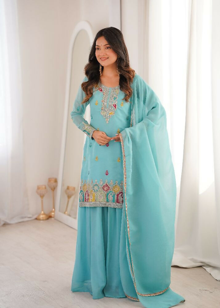 Teeya Creation Sky Blue Color Soft Crunchy Silk Party Wear Designer Sharara set - Distacart
