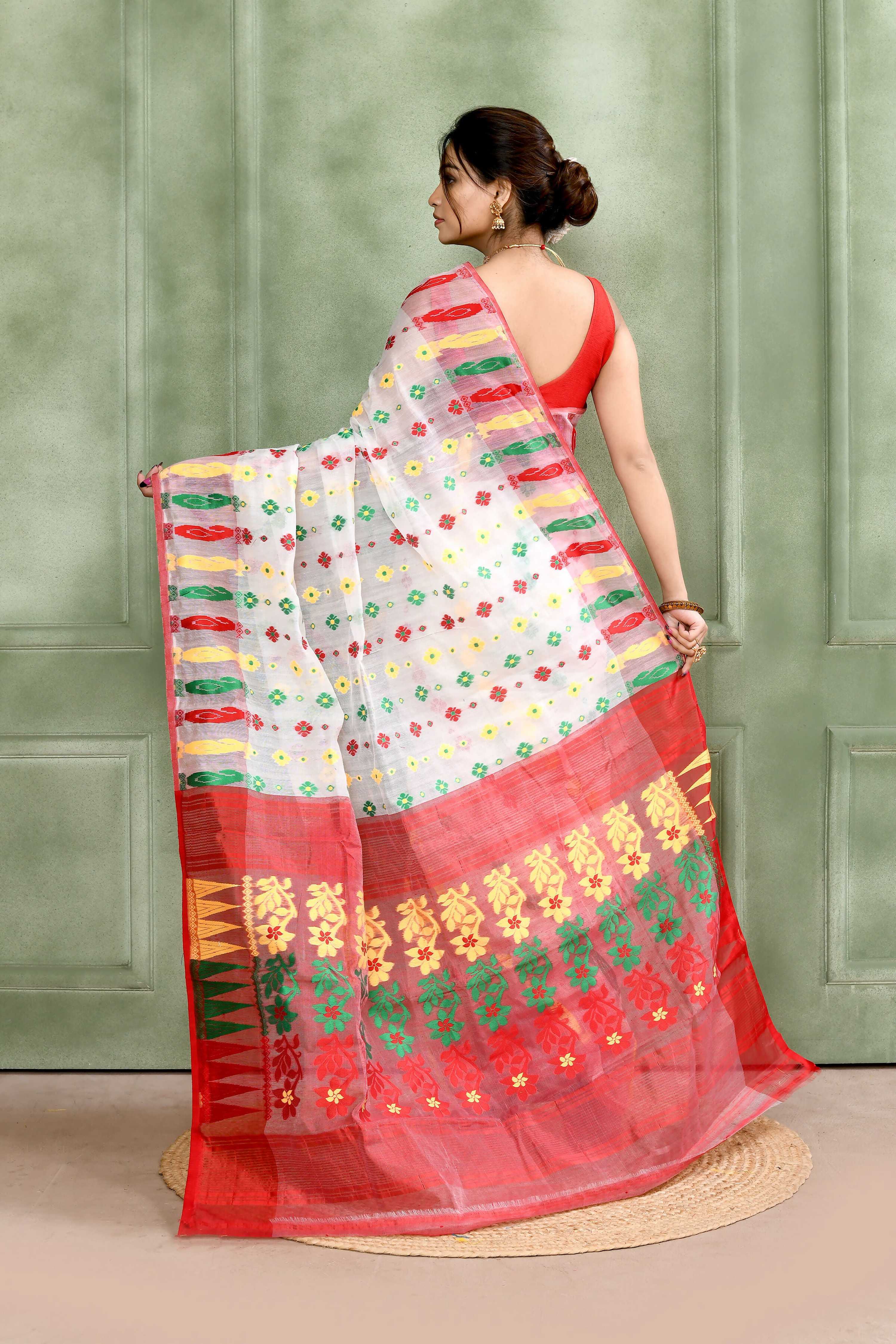 Piyari Fashion Women's White Embellished Cotton Blend Jamdani Saree - Distacart
