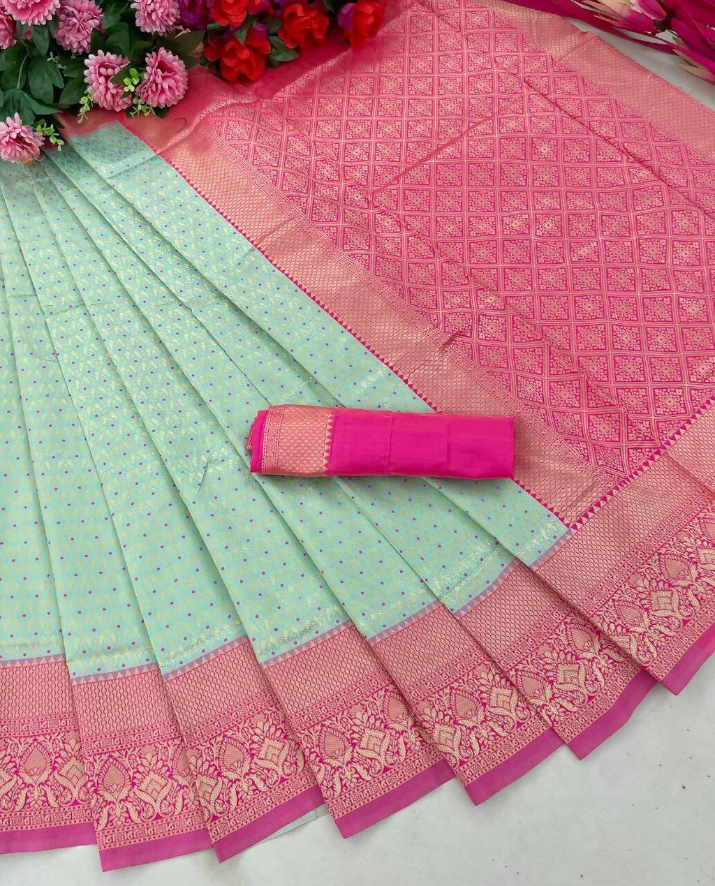 DEIANA'S Beautiful Designer Golden zari Soft Lichi Silk Saree - Sky