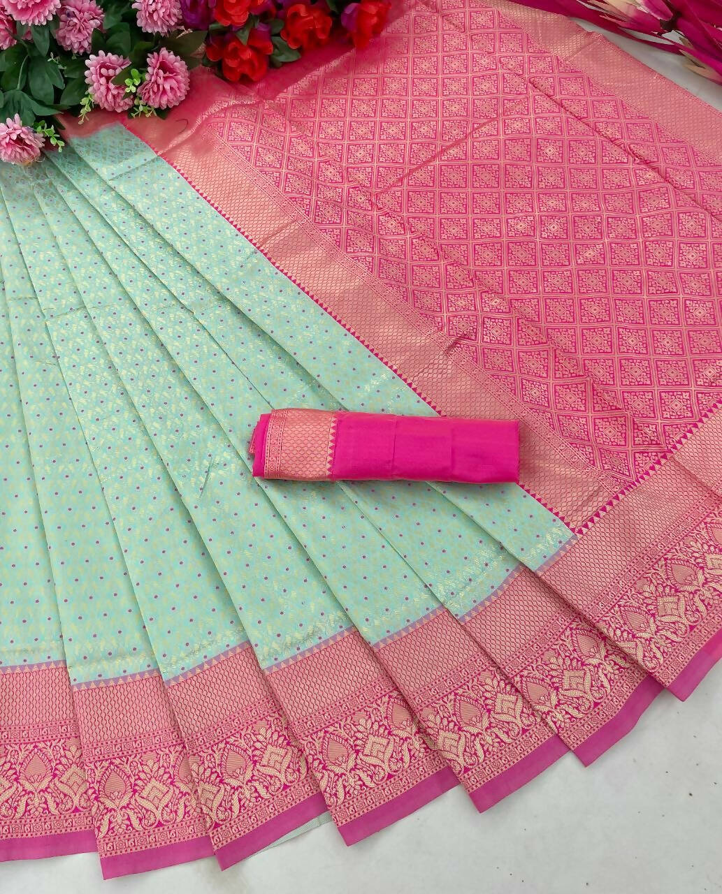 DEIANA'S Beautiful Designer Golden zari Soft Lichi Silk Saree - Sky