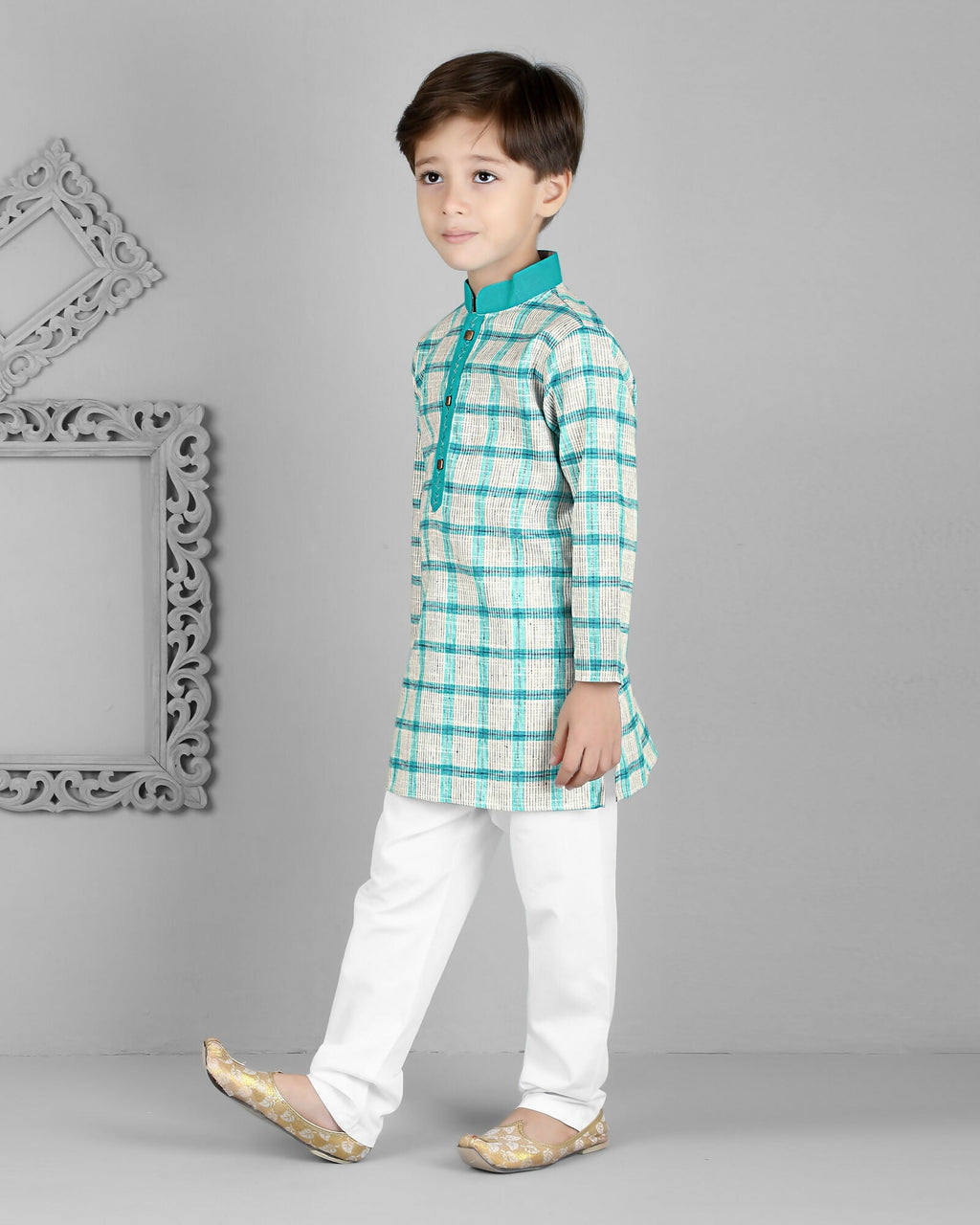 Joban Fashion Kids Island Cotton Full Sleeves Striped Kurta and Pyjama- Teal Blue - Distacart