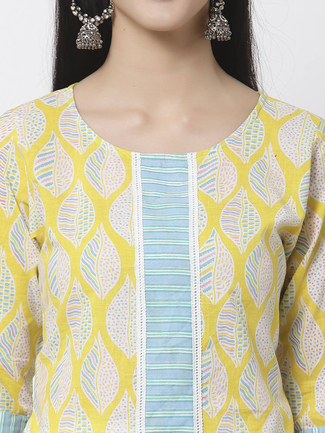 Myshka Women Yellow Cotton Printed 3/4 Sleeve Round Neck Kurta
