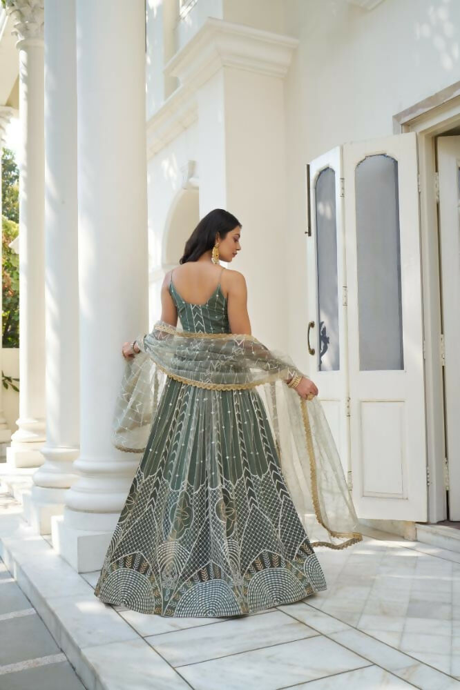Aastha Fashion Dusty Green Butterfly Net White Cotton Thread Work And Sequence Work Embroidery Wedding Wear Lehenga Choli