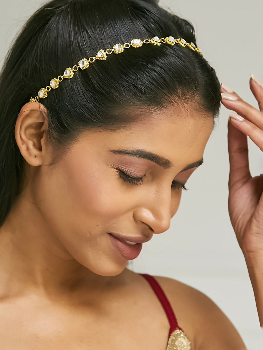 Nuyug 22K Gold-Plated Kundan & Pearl Studded Matha Patti Head Jewellery