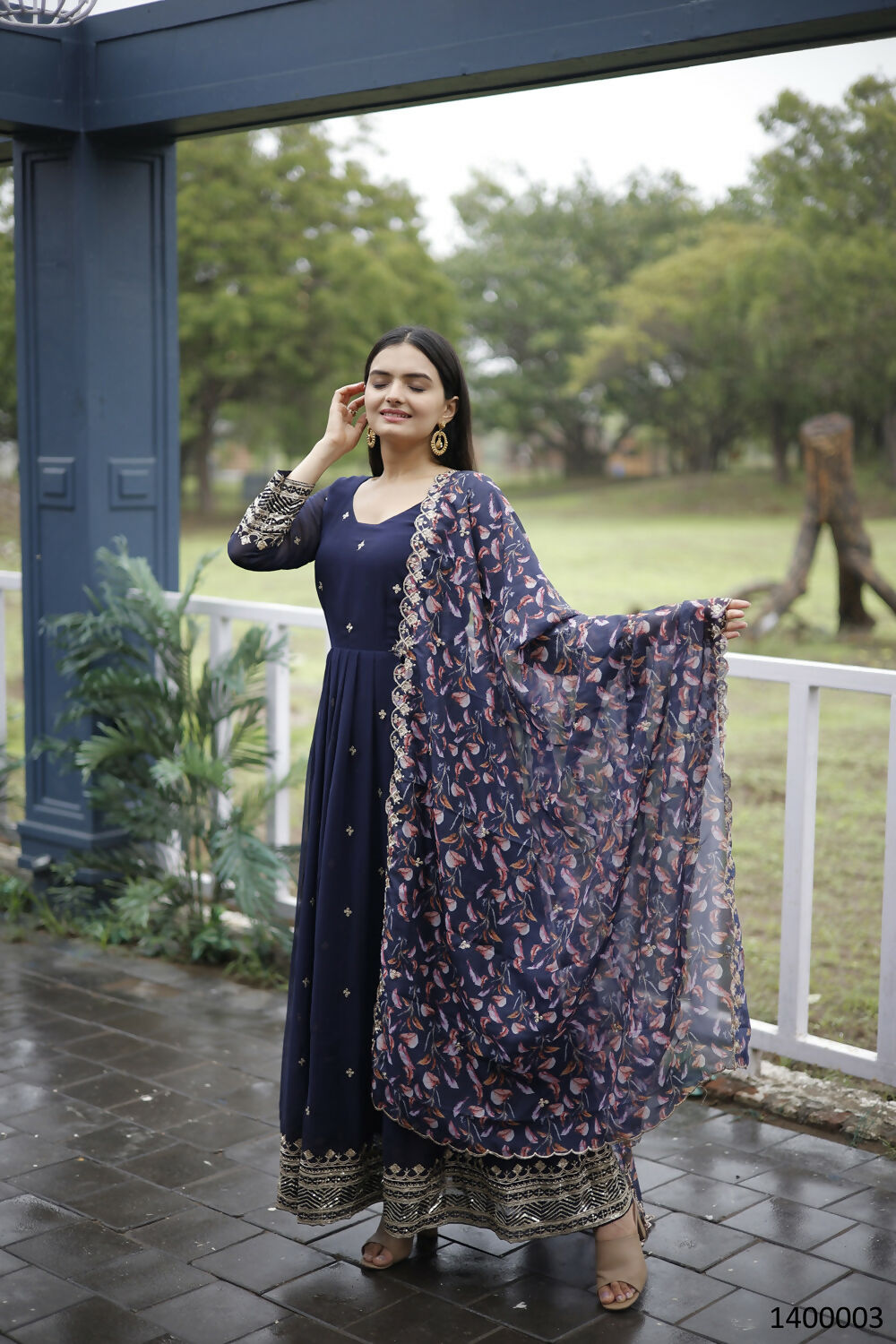 Aayaa Designer Embroidery Zari Sequins-Work Faux Blooming Georgette Suit - Navy Blue - Distacart