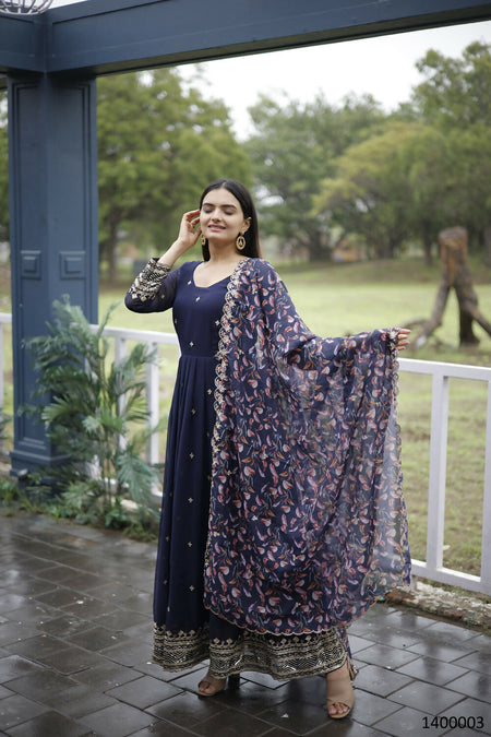 Aayaa Designer Embroidery Zari Sequins-Work Faux Blooming Georgette Suit - Navy Blue