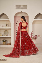 Eilara Women'S Red Butterfly Net Thread With Zari Sandwich Sequence Embroidered Work Lehenga Choli For Wedding