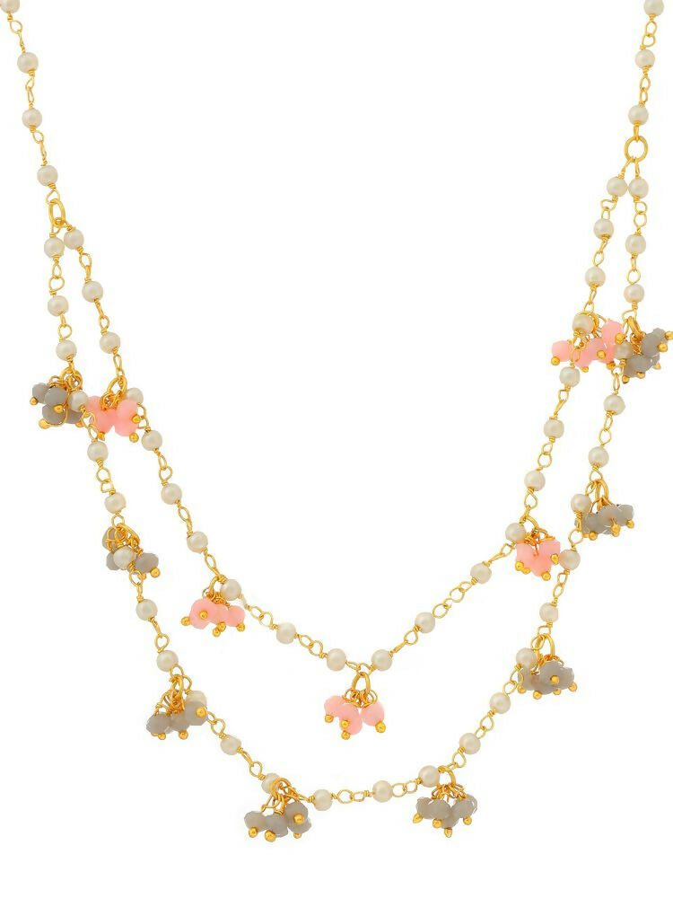 Beaded Pearl Necklace with Grey and Pink Colourful Motifs - Ruby Raang