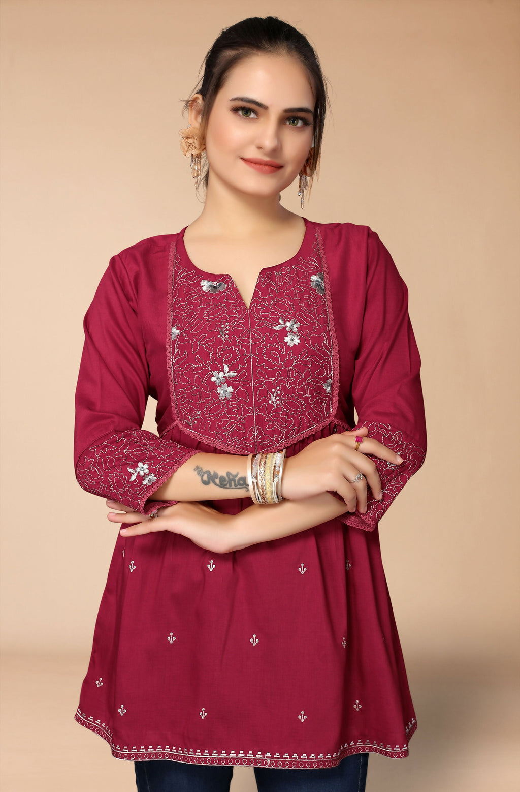 Women's Maroon Viscose blend Embroidered Short Top - Marina