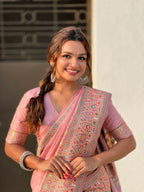 Pink Pashmina Silk Wevon Kashmiri Meenakari Designer Saree with Unstitched Blouse - Vandini