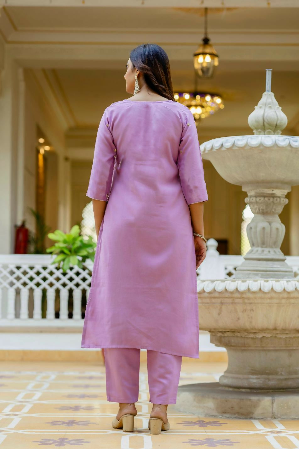 The52 Lavender Women's Gorgeous Embroidered work Viscose Gadhwal Fabric Straight Kurta, Pant and Dupatta Set - Distacart