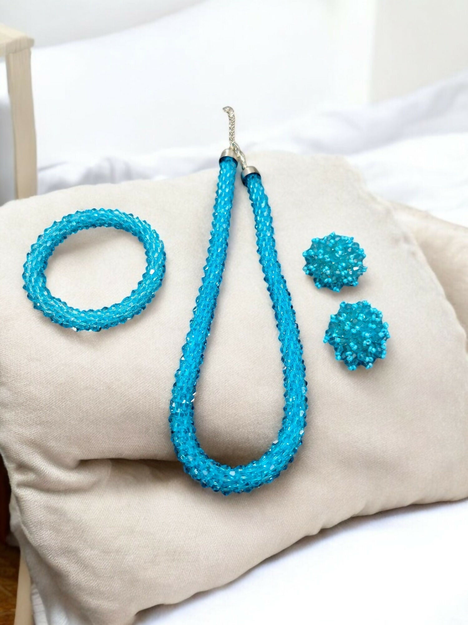 Inhanns Complete Look Crystal Statement 3-Piece Set (Adjustable Necklace + Earrings + Adjustable Bangle ) - Sky Blue