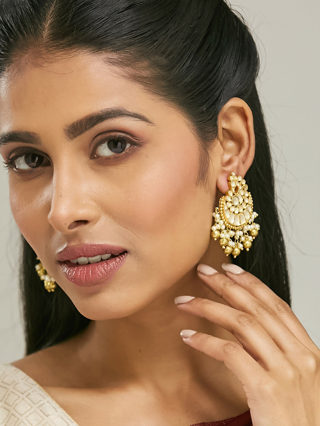 Nuyug 22K Gold-Plated Kundan Stone Studded & Pearl Drop Beaded Crescent Shaped Chandbalis - Distacart