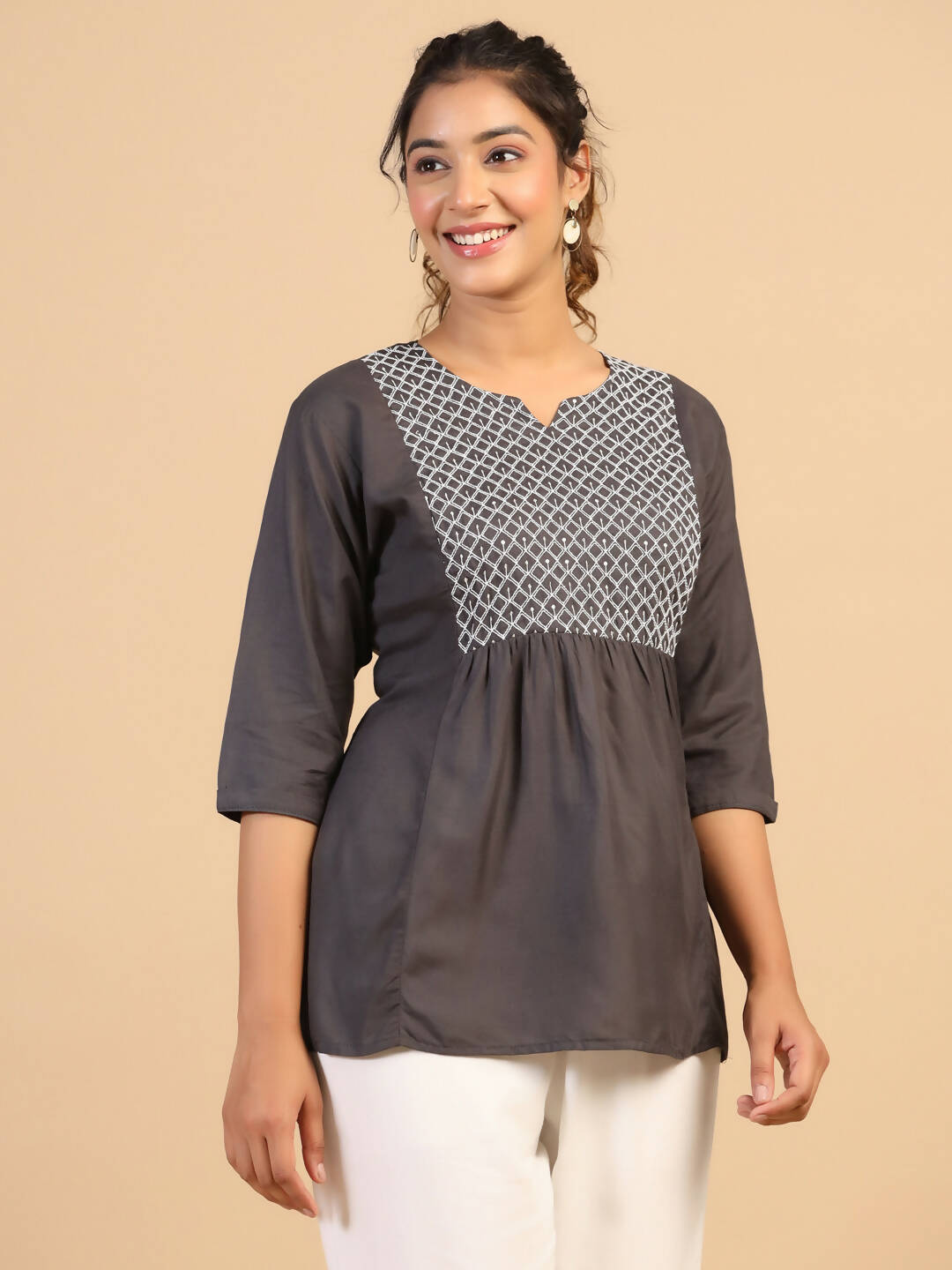 Womens Grey Rayon Yoke Embroidered Top - Keeva
