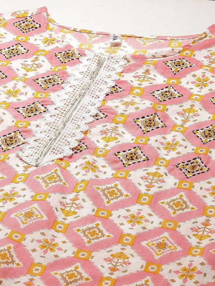 Yufta Women Peach And White Kurta with Trouser Set