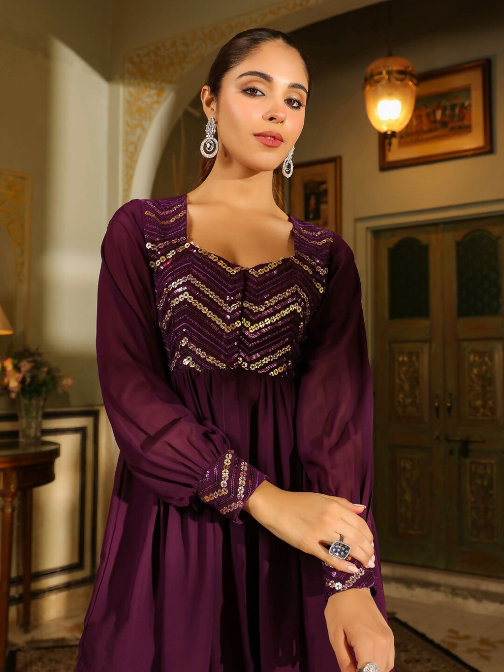 Janasya Purple Georgette Sequined Tunic & Bottom