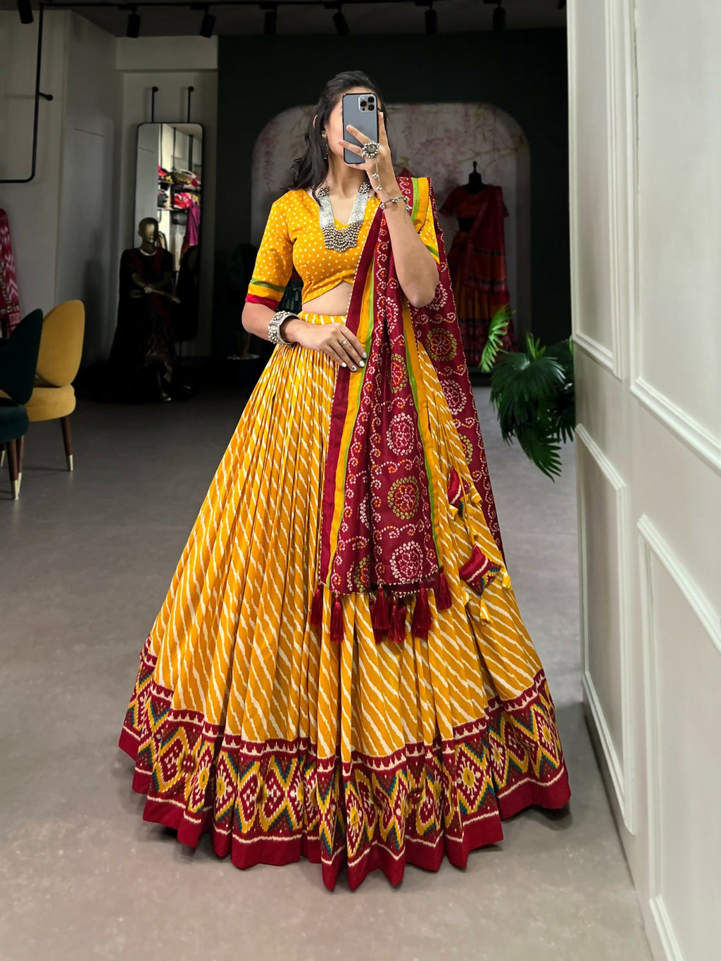 Vastranavya Cultural Leheriya With Patola Print Border Tussar Silk Lehenga Choli - Yellow