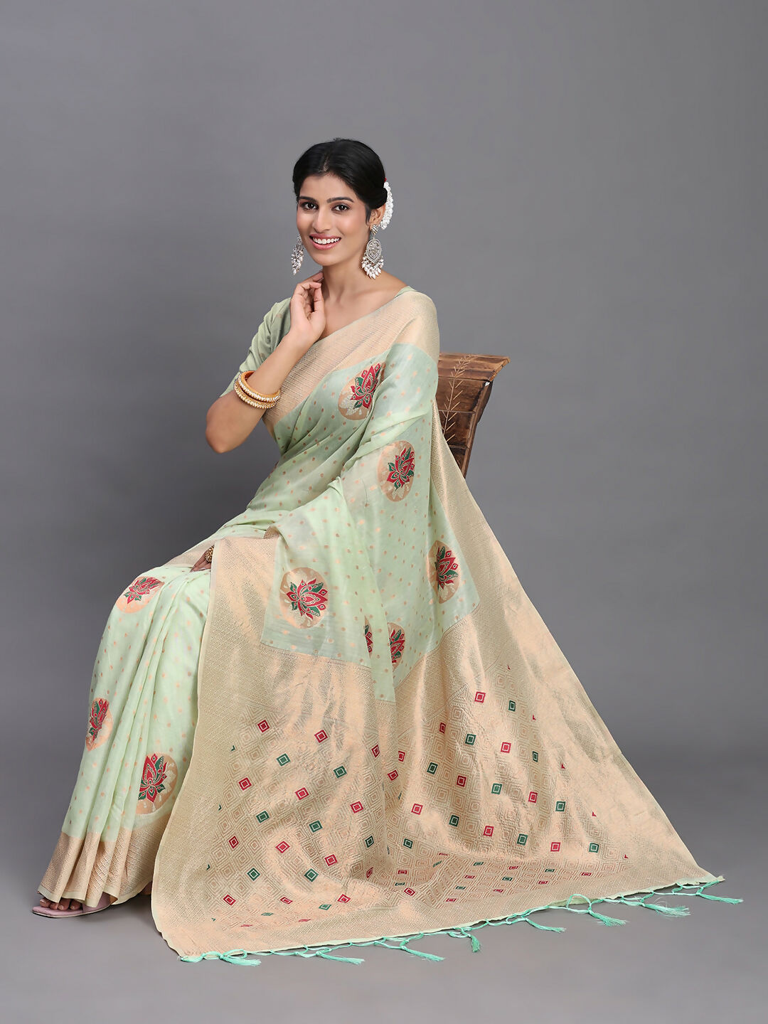 Shree Shyam Fashion Linen Cotton Light Green Saree - Distacart