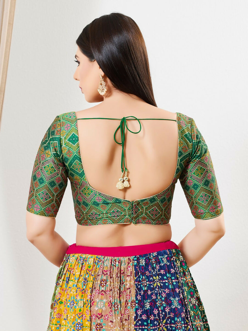 Joban Fashion Green Multi Brocade Padded Blouse With Sweetheart Neck Elbow Sleeves - Distacart