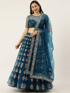 House of Panchhi Teal Net Semi stitched Mirror and Coding Work Lehenga Choli