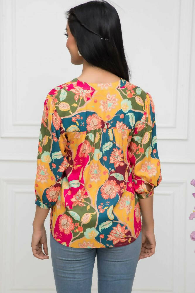 Myshka Women Multi Floral Mandarin Collar Regular Sleeves Viscose Rayon Top - Distacart