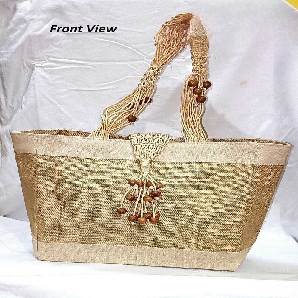 Jute Ladies Fashion Bag with Wooden Beads