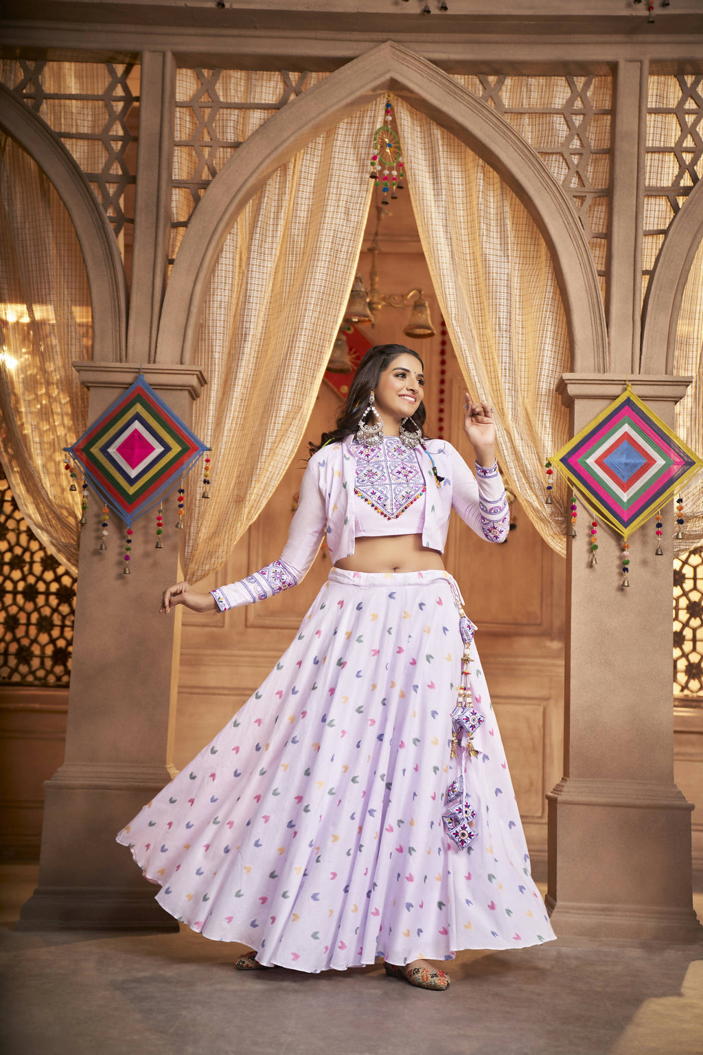 Lavender Cotton Jacquard Weaving Fabric Navratri Lehenga Choli With Dupatta - Raas