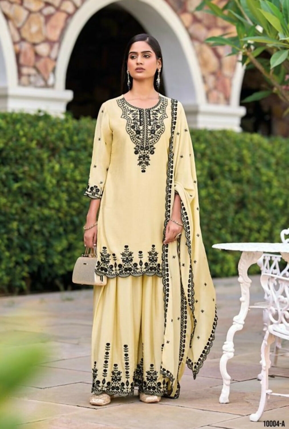 Anaita Beige Chinon Readymade Palazzo Suit with Heavy Embroidery Work - Distacart
