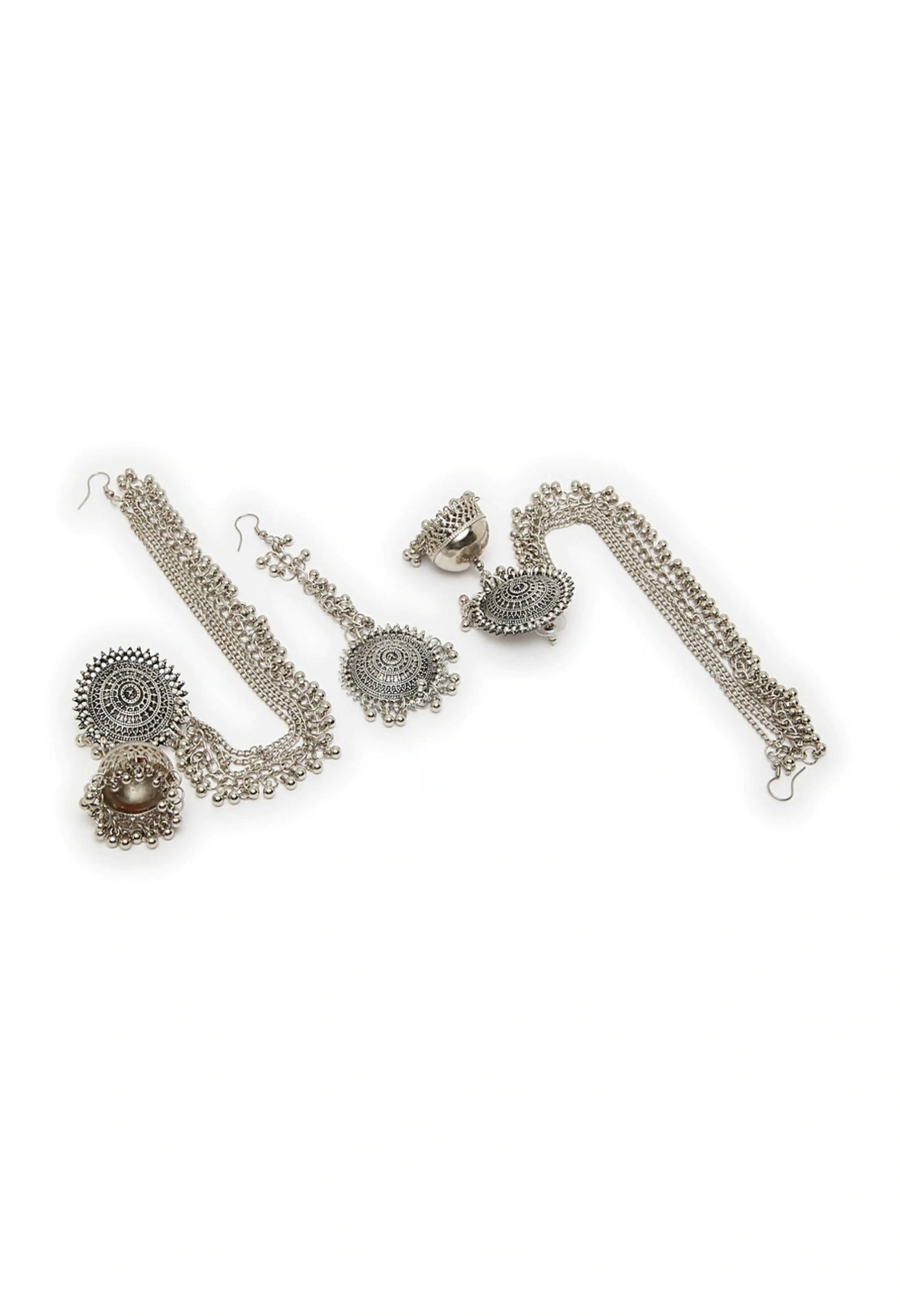 Mominos Fashion Johar Kamal Bahubali Silver Colour Earrings With Tikka - Distacart