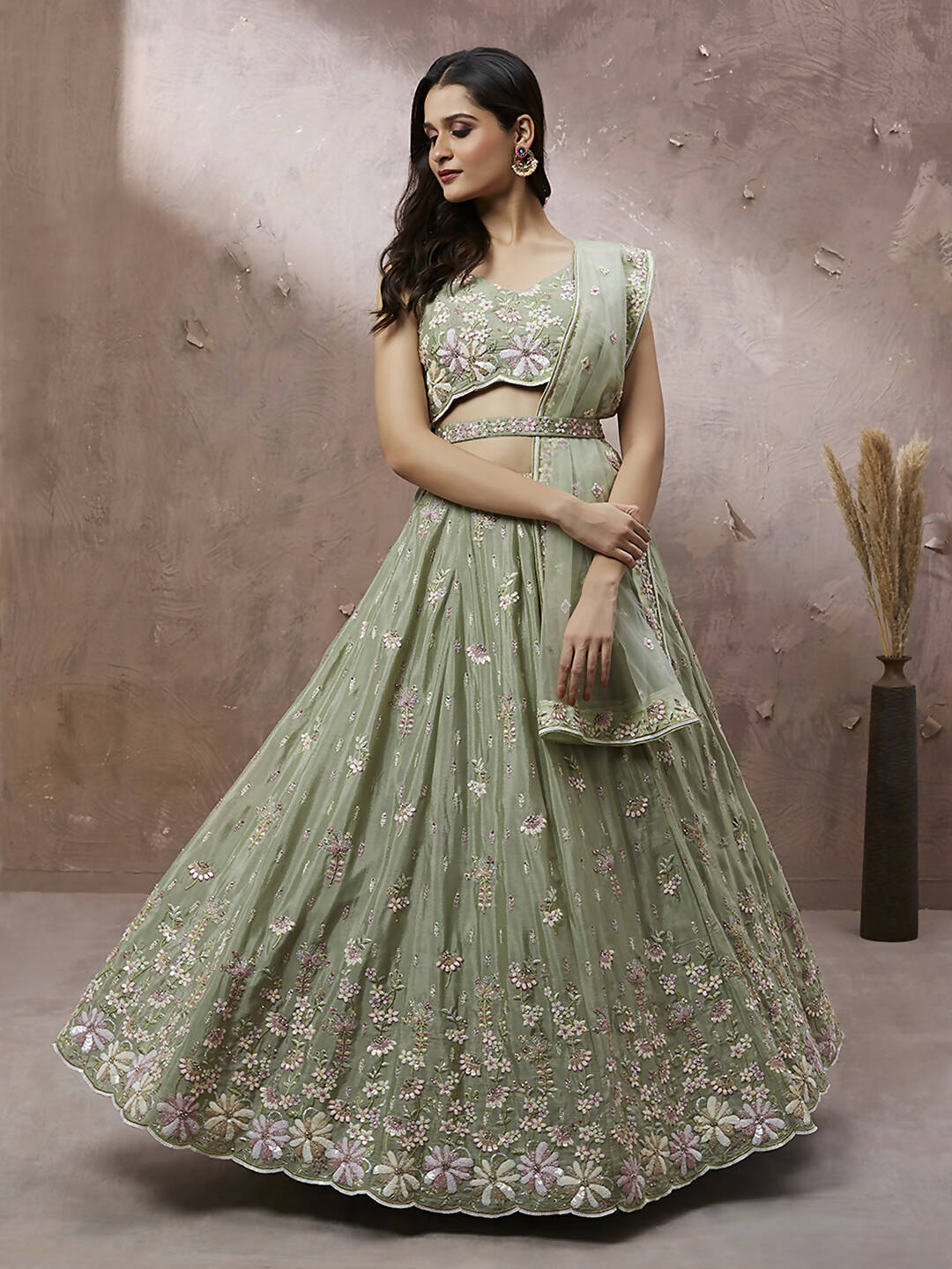 House of Panchhi Lime Green Pure Georgette Sequins with heavy Zarkan embroidery Lehenga choli & Dupatta
