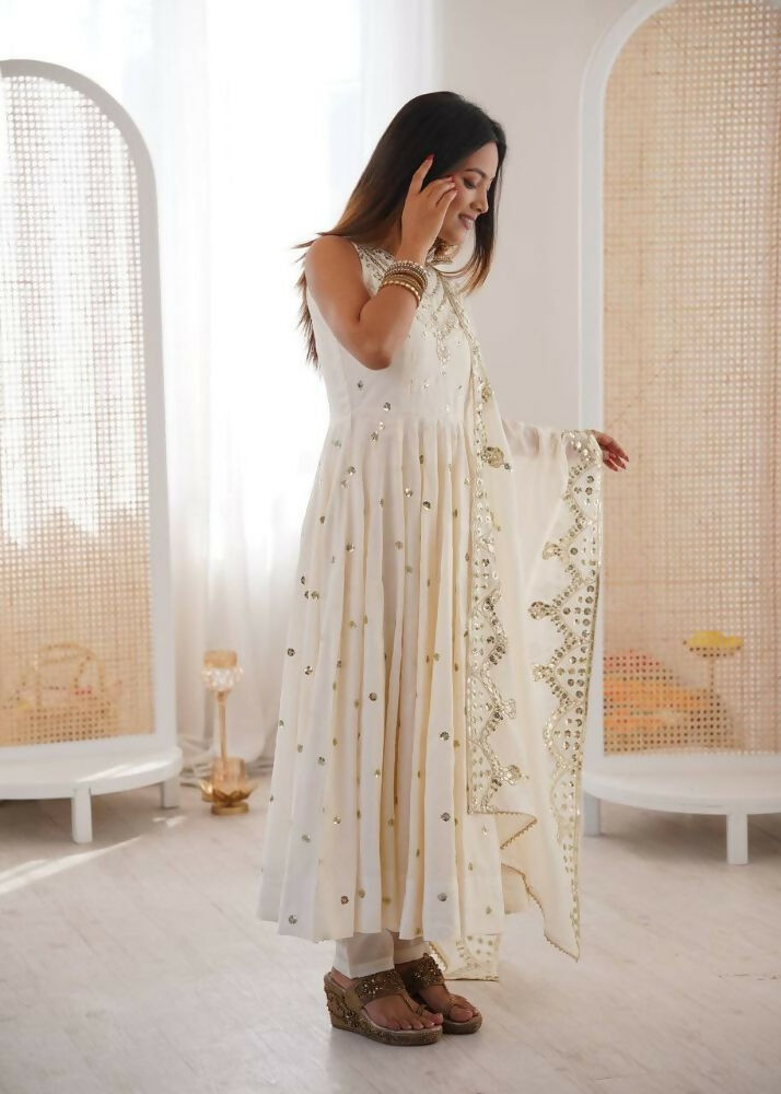 Teeya Creation White Color Roman Silk Embroidery Work Party Wear Gown - Distacart