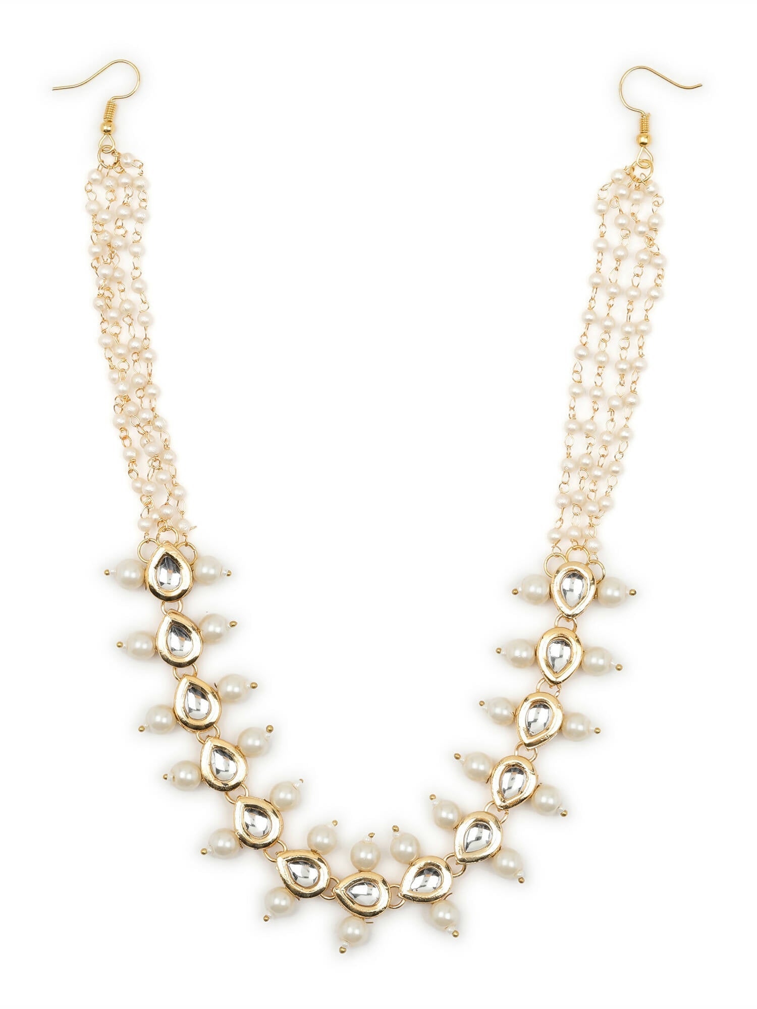 Gold-Plated White Kundan-Studded Pearl Beaded Hair Band - Ruby Raang - Distacart