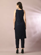 Myshka Women's Navy Blue Embroidered Cotton Straight Party Kurta Set