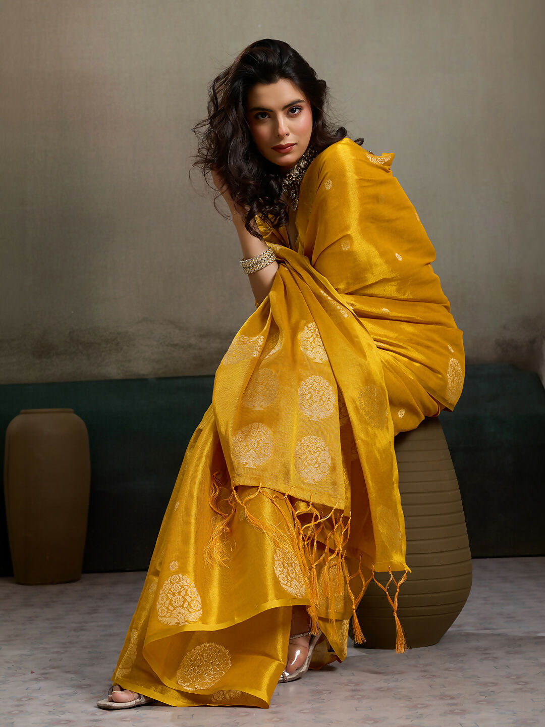 Shree Shyam Fashion Mustard Yellow Tissue Silk Saree - Distacart