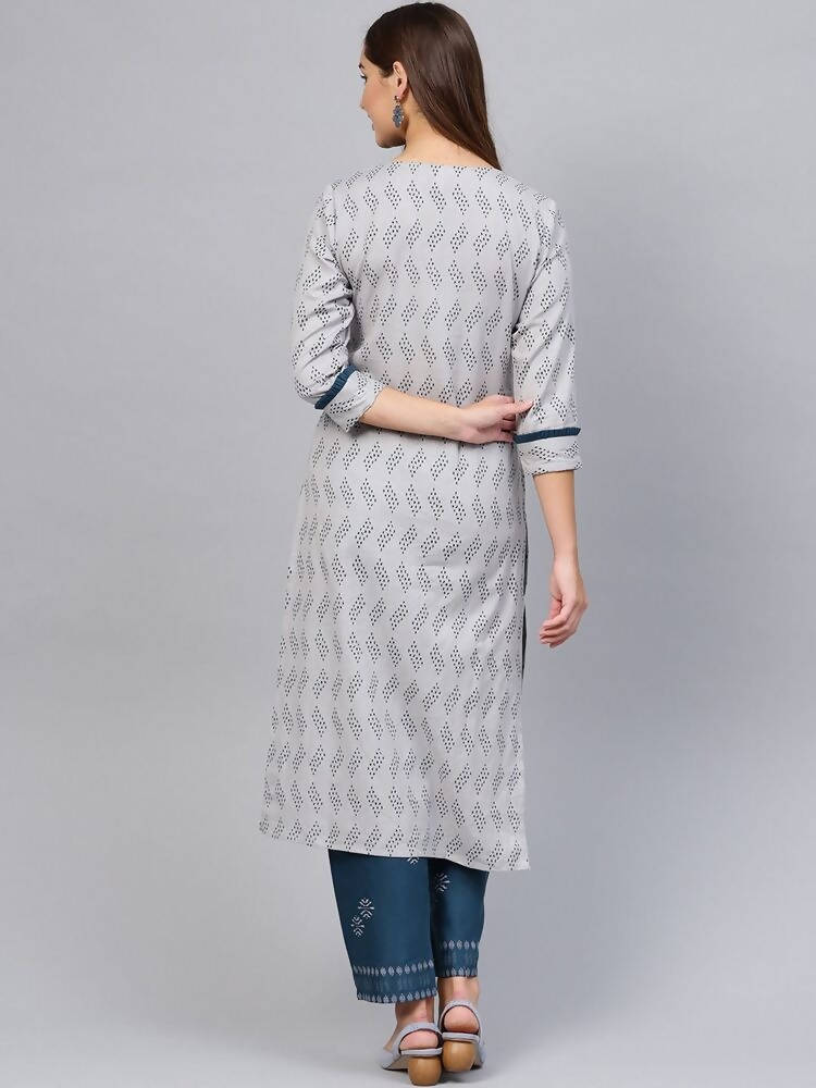 Yufta Women Grey & Navy Printed Kurta with Trouser