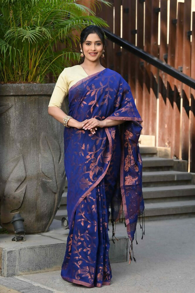 Beatitude Blue Cotton Floral Jamdani Saree