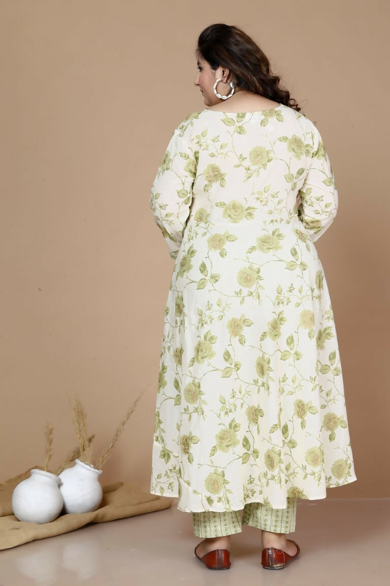 Miravan Women's Plus Size Green Printed Pure Cotton Kurta With Palazzo
