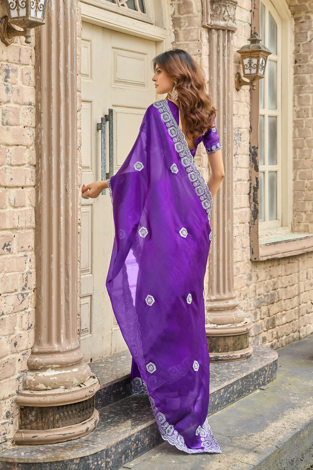 Vastranavya Purple-Blue Embroidery Work Shimmer Chiffon Saree with Unstitched Blouse - Distacart