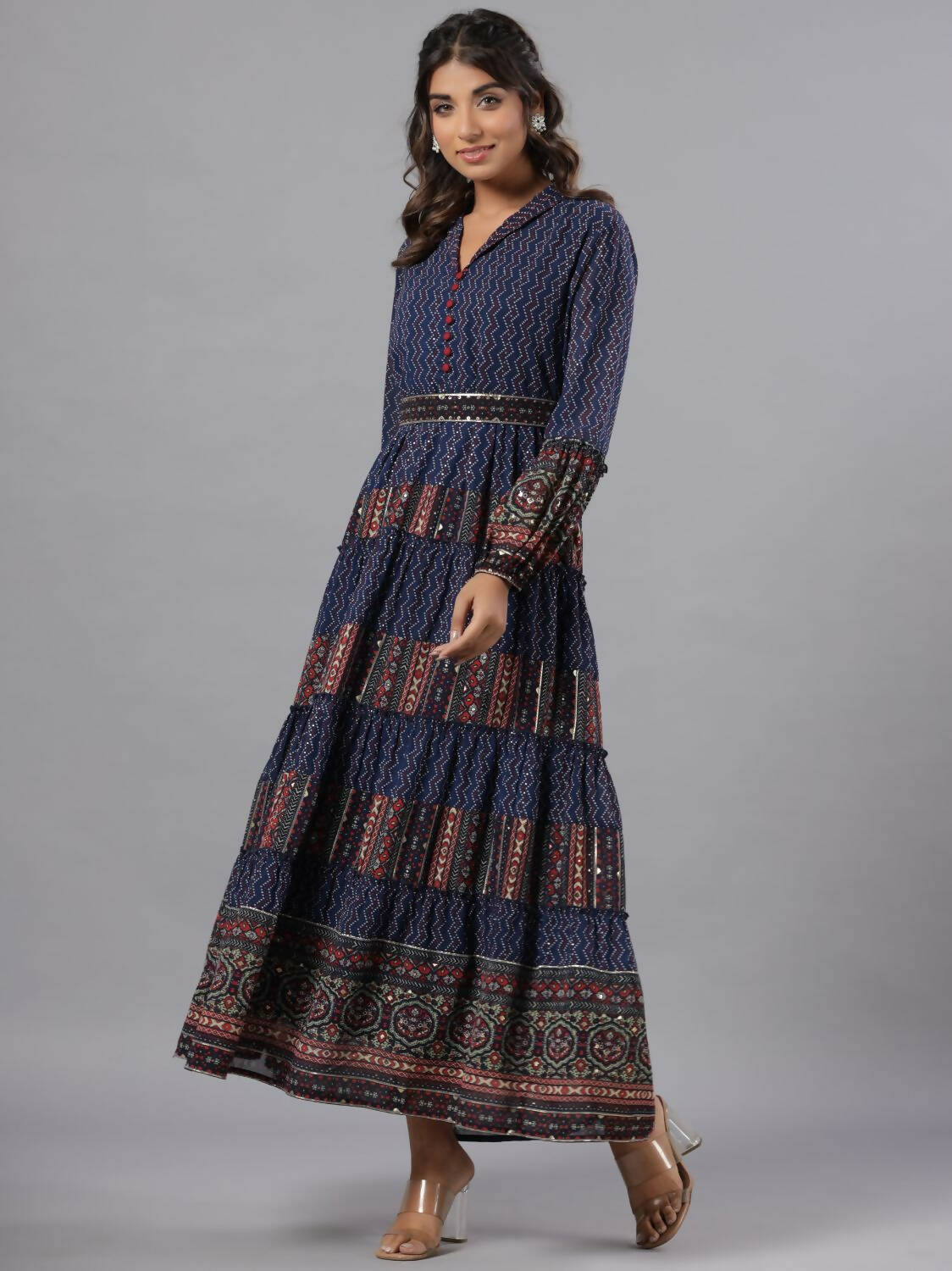 Juniper Women Navy Blue Georgette Printed Tiered Maxi Dress - Distacart