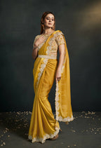 Mustard Organza Silk Crepe Cord Sequence & Thread Embroidered & Stone Work Saree - Moh-Manthan Royal Enigma