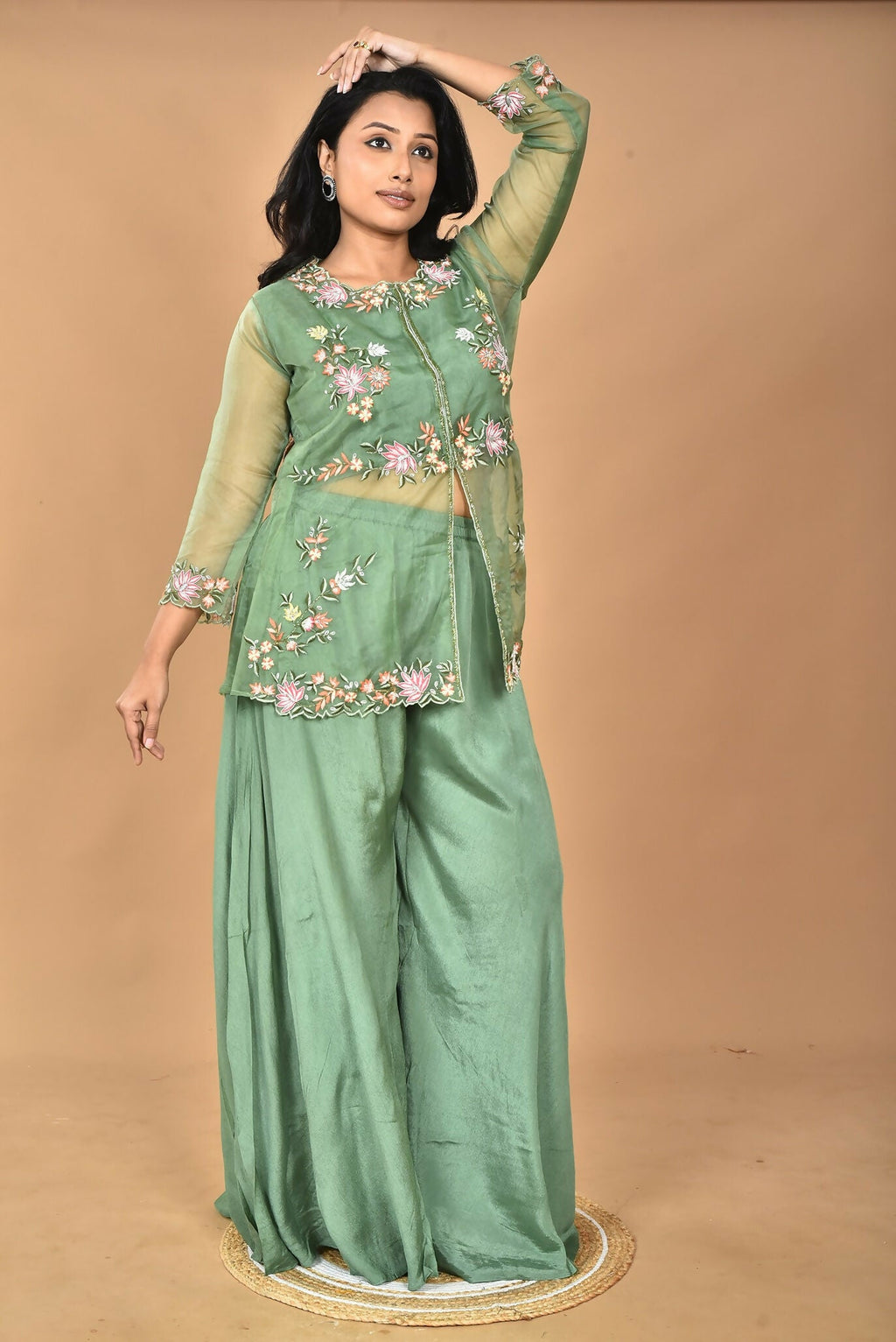 Morchari Women And Hand Embroidery Palazzo Set-Green
