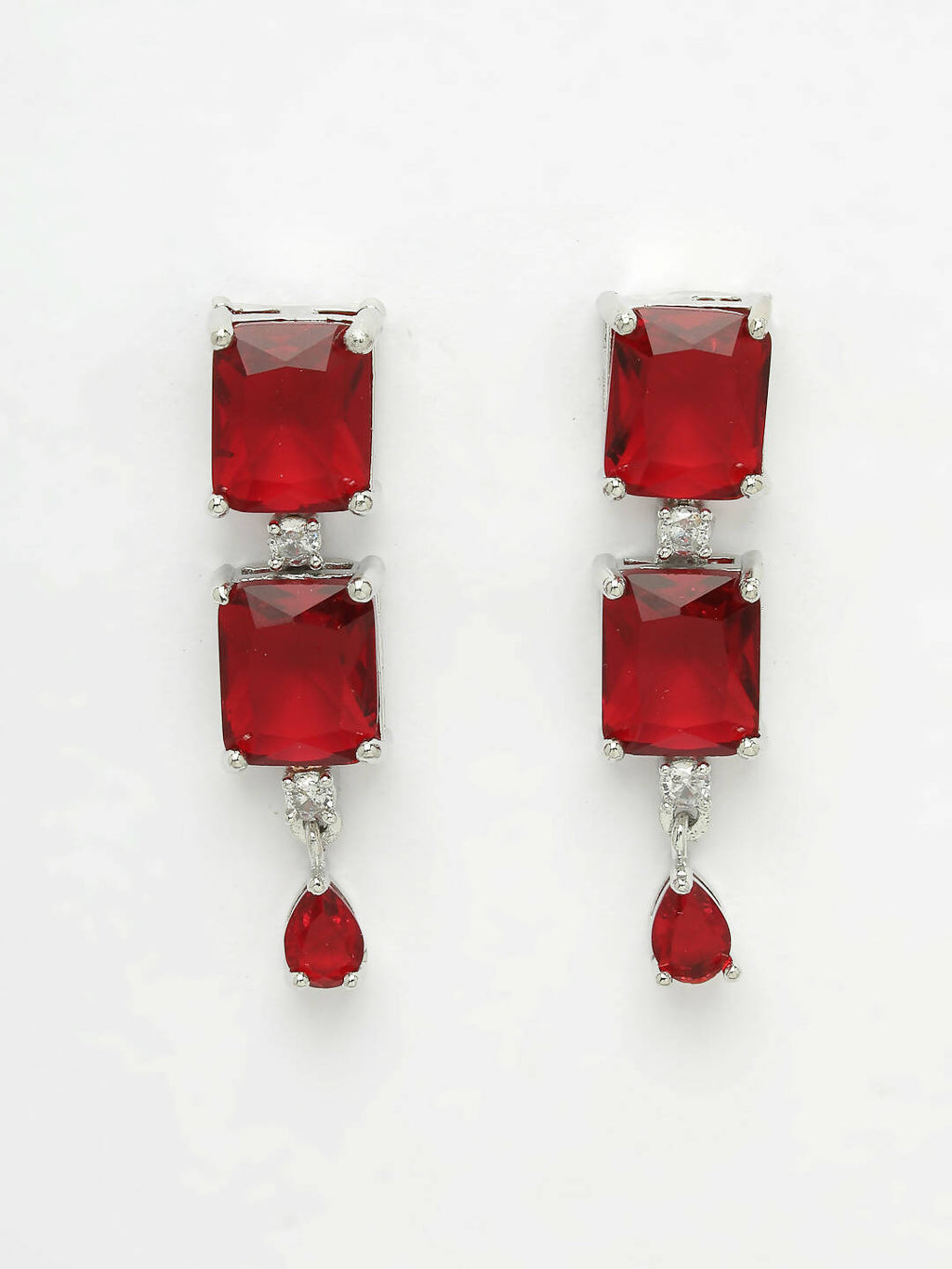 NVR Women Silver Plated & Maroon Cz Stone Handcrafted Jewellery Set